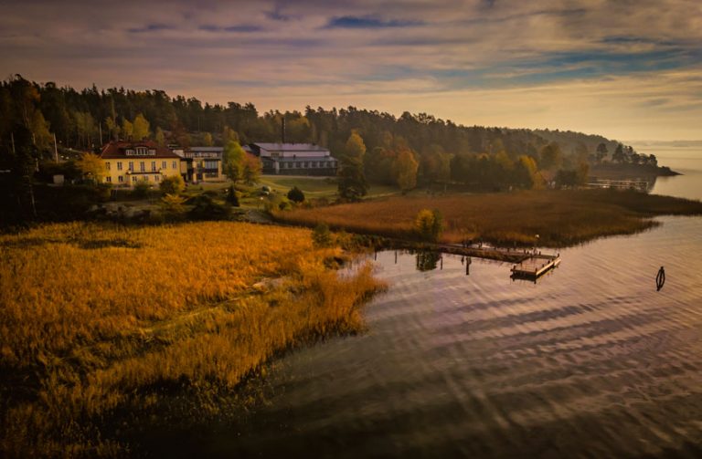 Höstens färger taget en bit ut i havet. Vatten och vass i förgrunden och herrgården i bakgrunden.