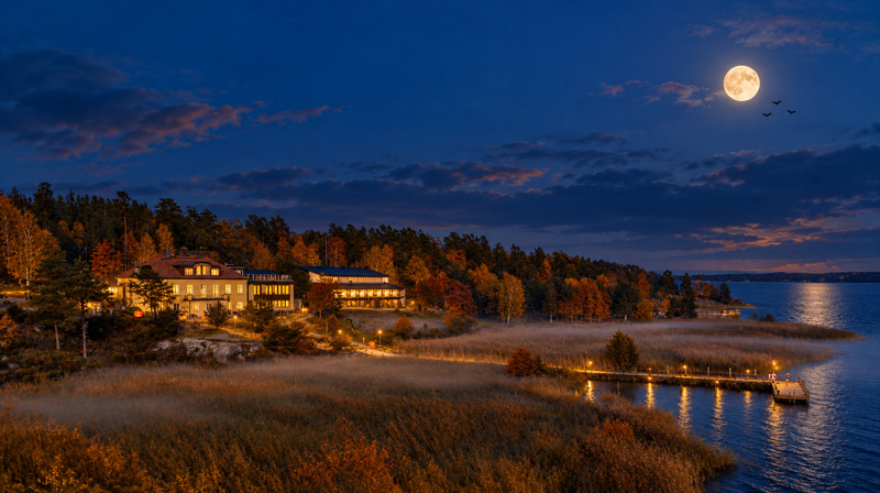 En flygbild visar Almåsa havshotell vid vattnet i höstskymning. Hotellets fönster och lamporna längs gångvägarna lyser varmt mot den mörkblå himlen. Höstfärgade träd omger byggnaderna och en tunn dimma ligger över strandängen. Till höger speglas en stor fullmåne i vattnet, och några fladdermöss syns som små silhuetter på himlen. Diskreta, lysande pumpor längs gångvägen skapar en stämningsfull och familjevänlig Halloween-känsla.